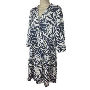 Tahari ASL Leaf Print Faux Wrap Babydoll Midi Dress Sz L Navy White Lightweight